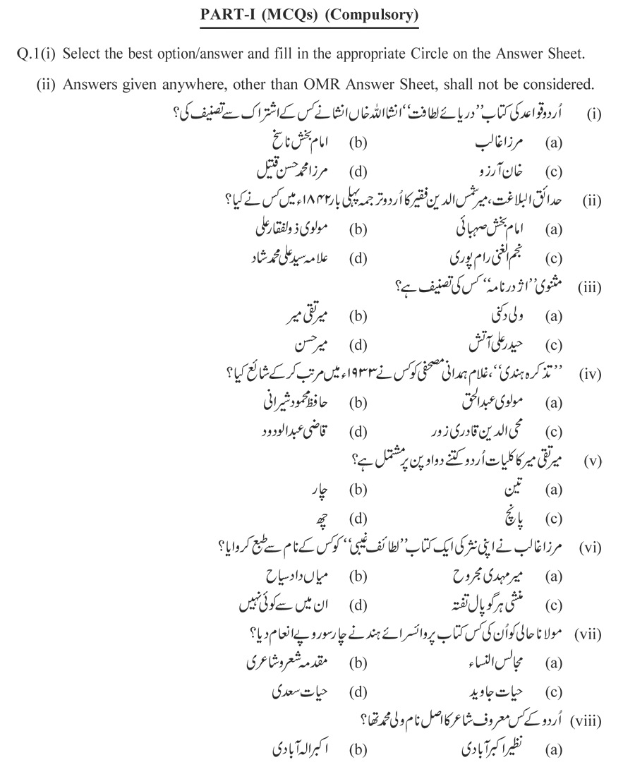 PPSC Lecturer of Urdu Past Paper